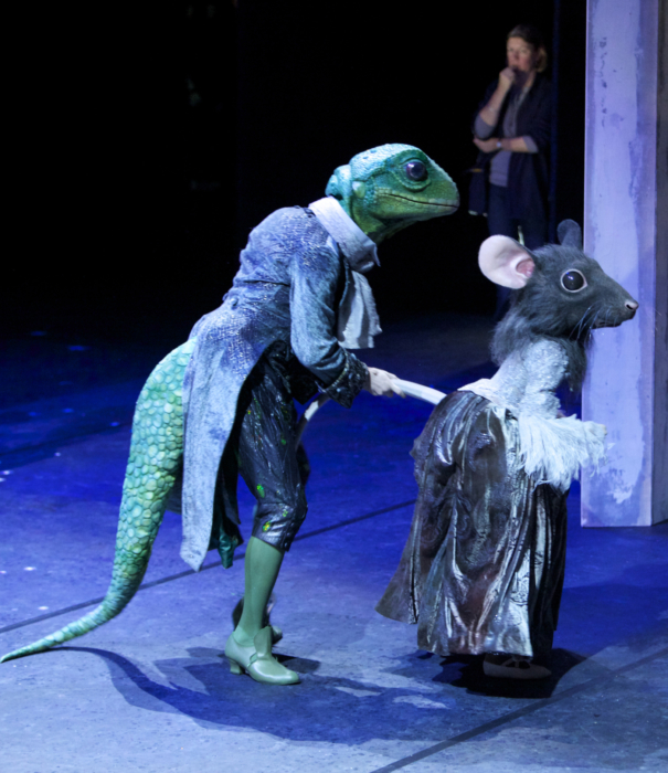 <p><em>Cinderella </em>Act I stage rehearsal: Valentin Olovyannikov as a Lizard Footman and an student of Elmhurst School for Dance as a Mouse Page</p>. Credit: Andrew Ross.