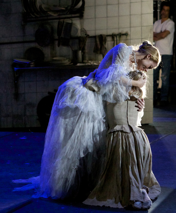 <p><em>Cinderella </em>Act I stage rehearsal from the wings: Victoria Marr as the Fairy Godmother and Elisha Willis as Cinderella</p>. Credit: Andrew Ross.